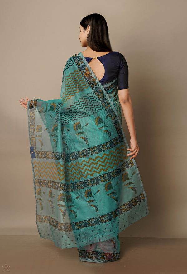 Tiffany Blue Block Printed Meghalaya Supernet Saree With Kalamkari Blouse Piece-UNM70660