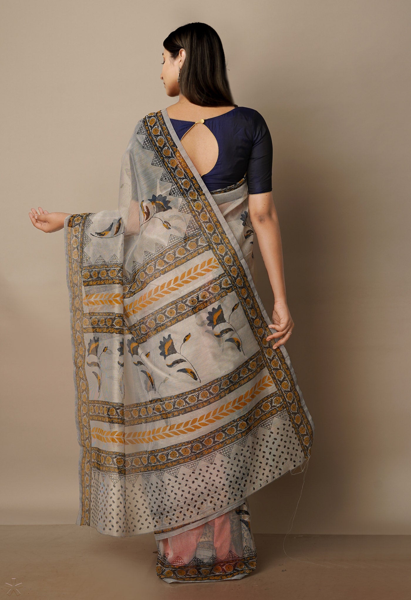 Beige Block Printed Meghalaya Supernet Saree With Kalamkari Blouse Piece-UNM70661