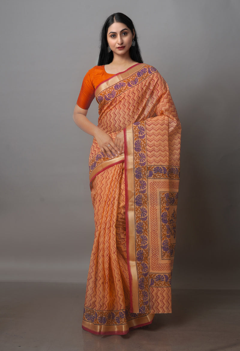 Peach Orange Block Printed Chanderi Sico Saree-UNM70670