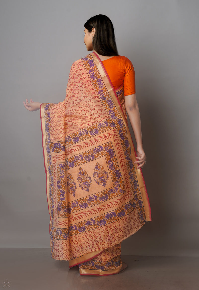 Peach Orange Block Printed Chanderi Sico Saree-UNM70670