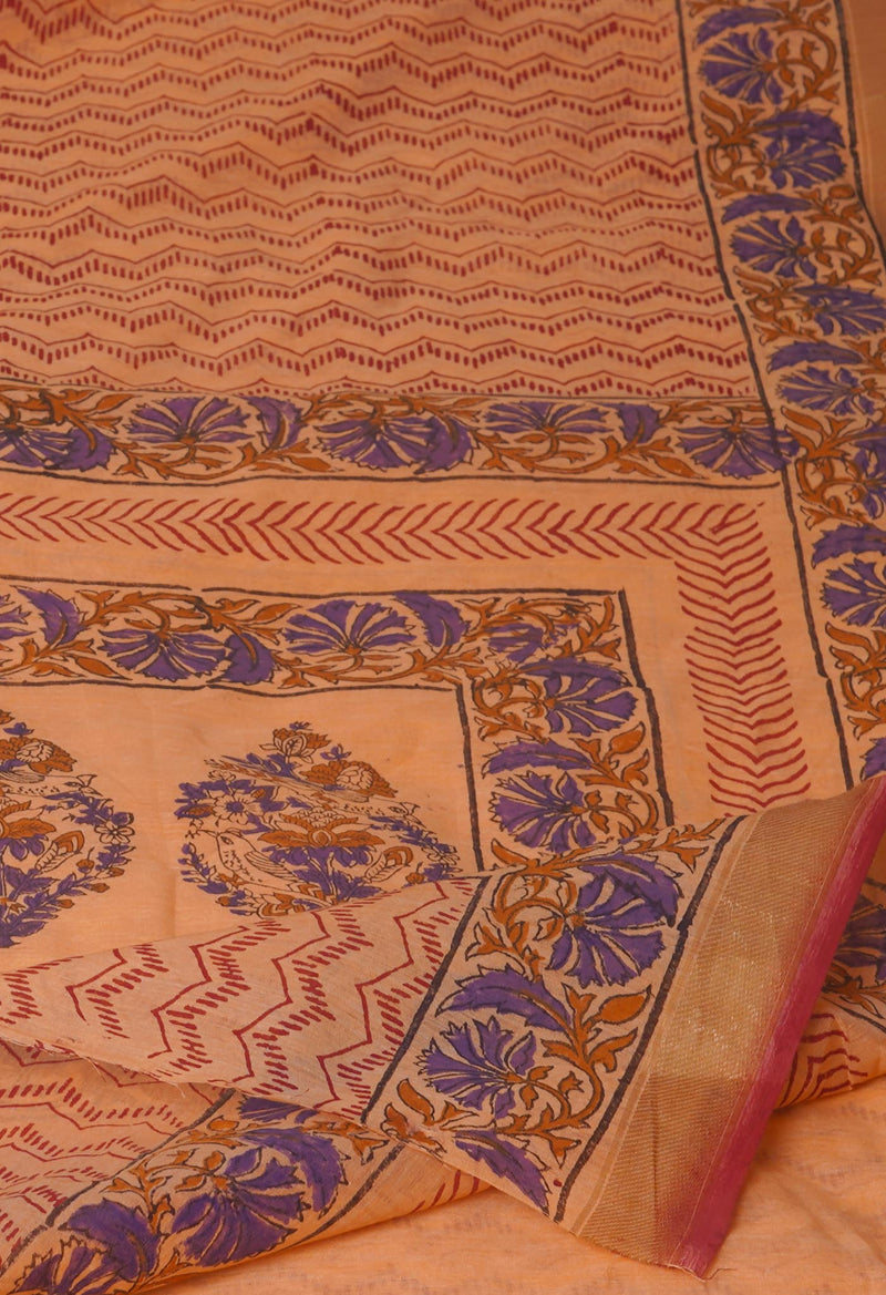 Peach Orange Block Printed Chanderi Sico Saree-UNM70670