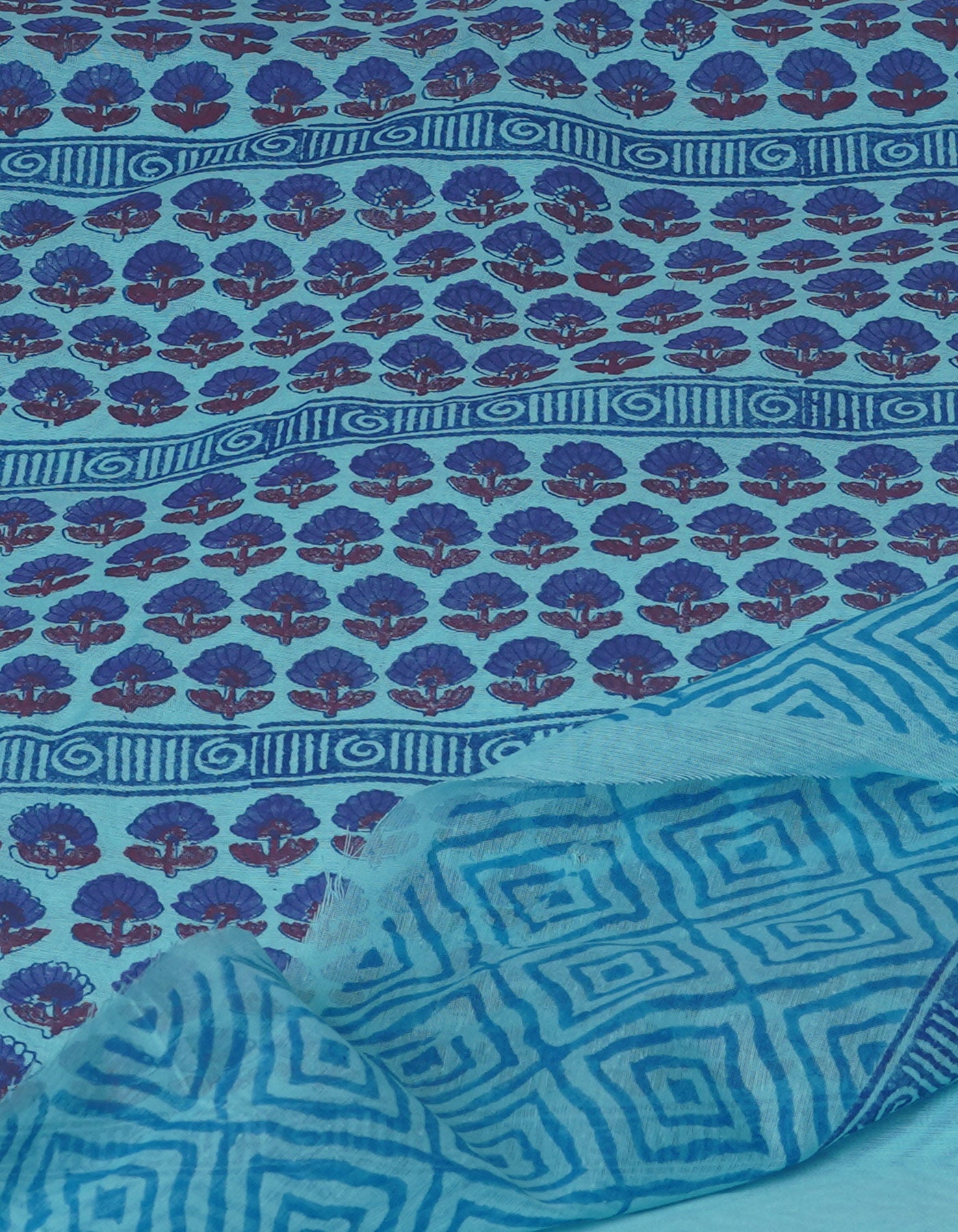 Blue Block Printed Chanderi Sico Saree-UNM70671