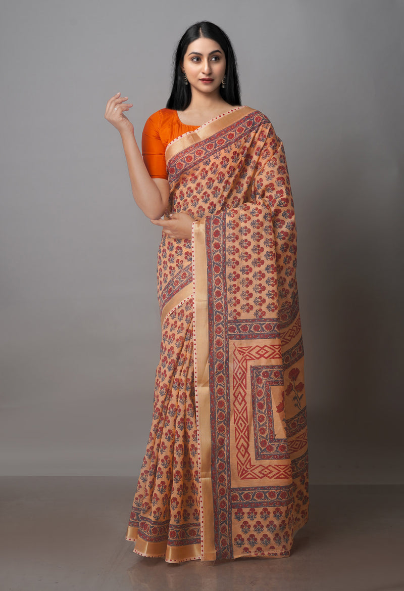 Peach Orange Block Printed Chanderi Sico Saree-UNM70672