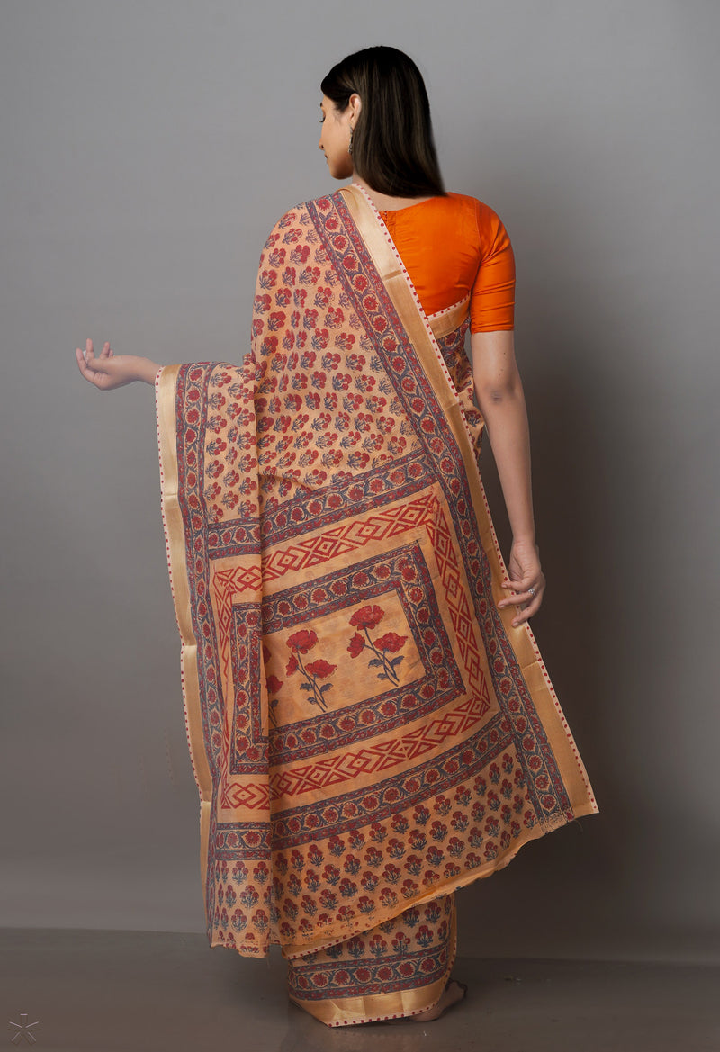 Peach Orange Block Printed Chanderi Sico Saree-UNM70672