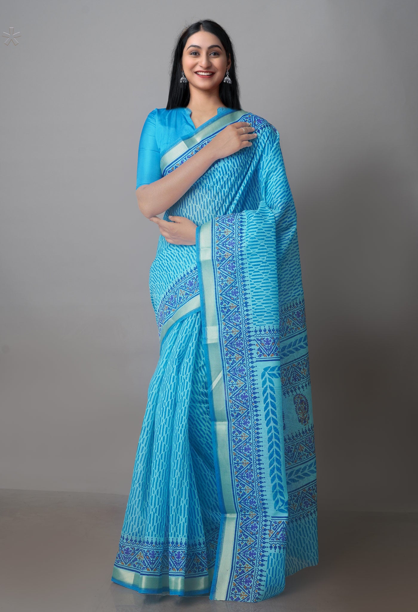 Blue Block Printed Chanderi Sico Saree-UNM70676