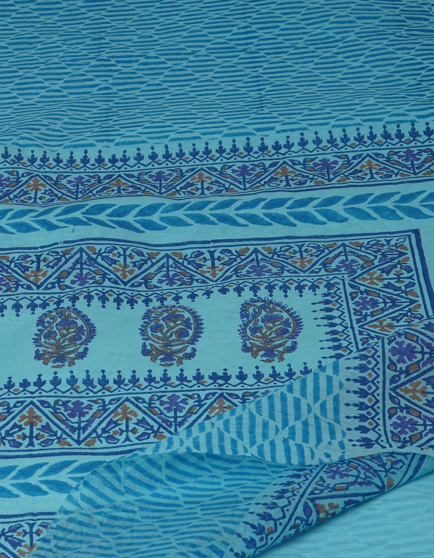 Blue Block Printed Chanderi Sico Saree-UNM70676