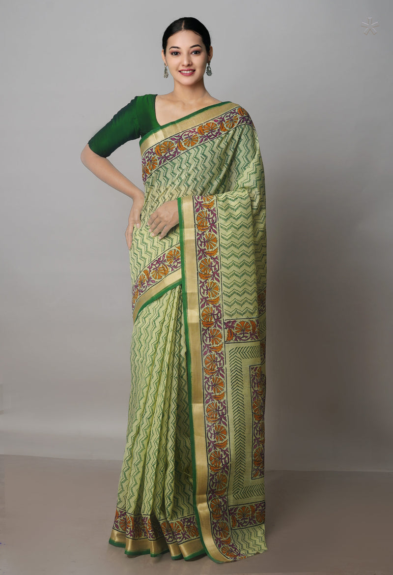 Green Pure  Block Printed Chanderi Sico Saree-UNM70682