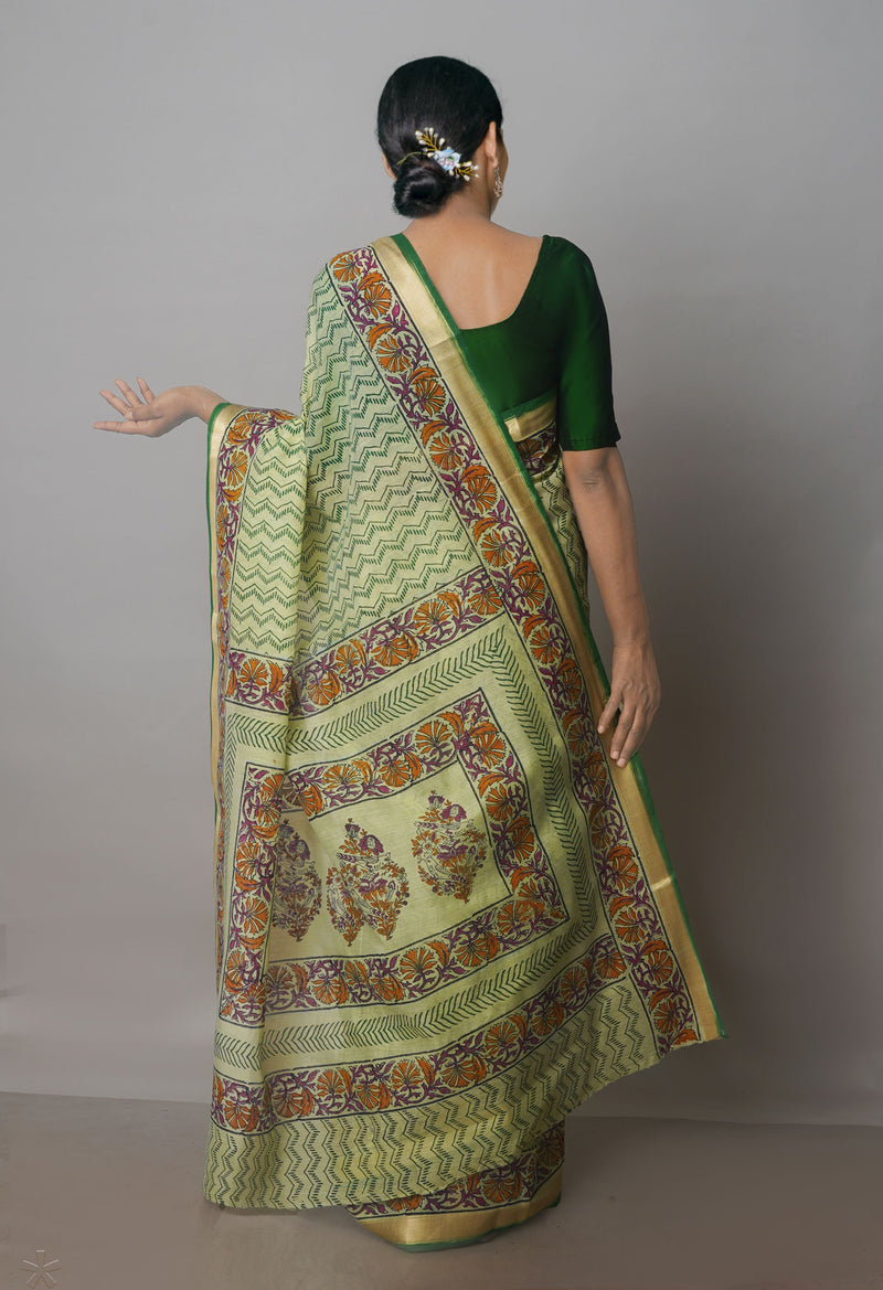 Green Pure  Block Printed Chanderi Sico Saree-UNM70682