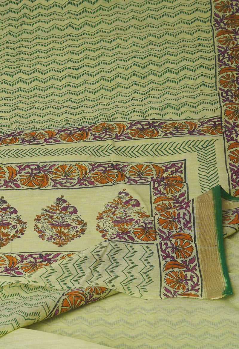 Green Pure  Block Printed Chanderi Sico Saree-UNM70682