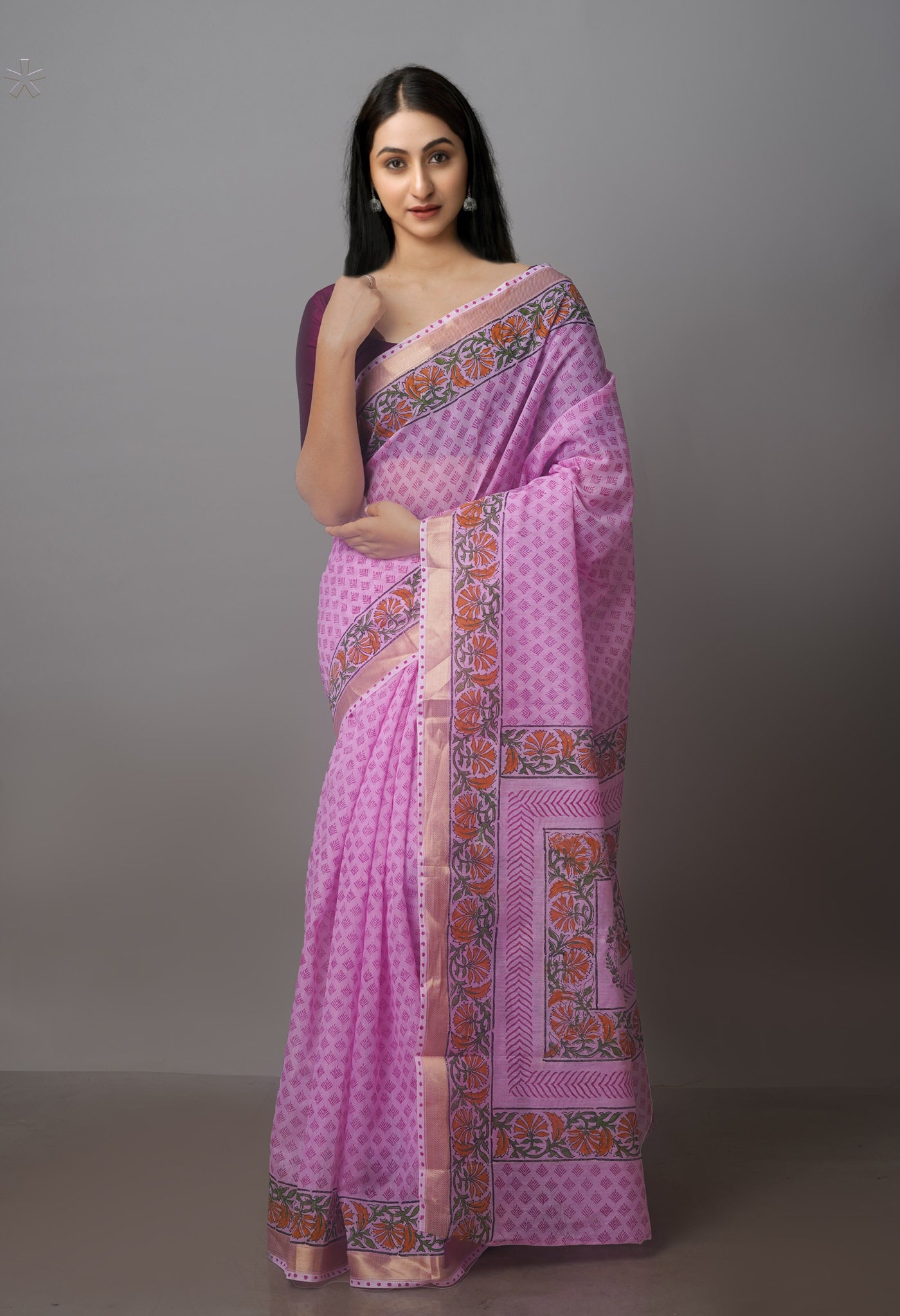 Pink Block Printed Chanderi Sico Saree-UNM70685