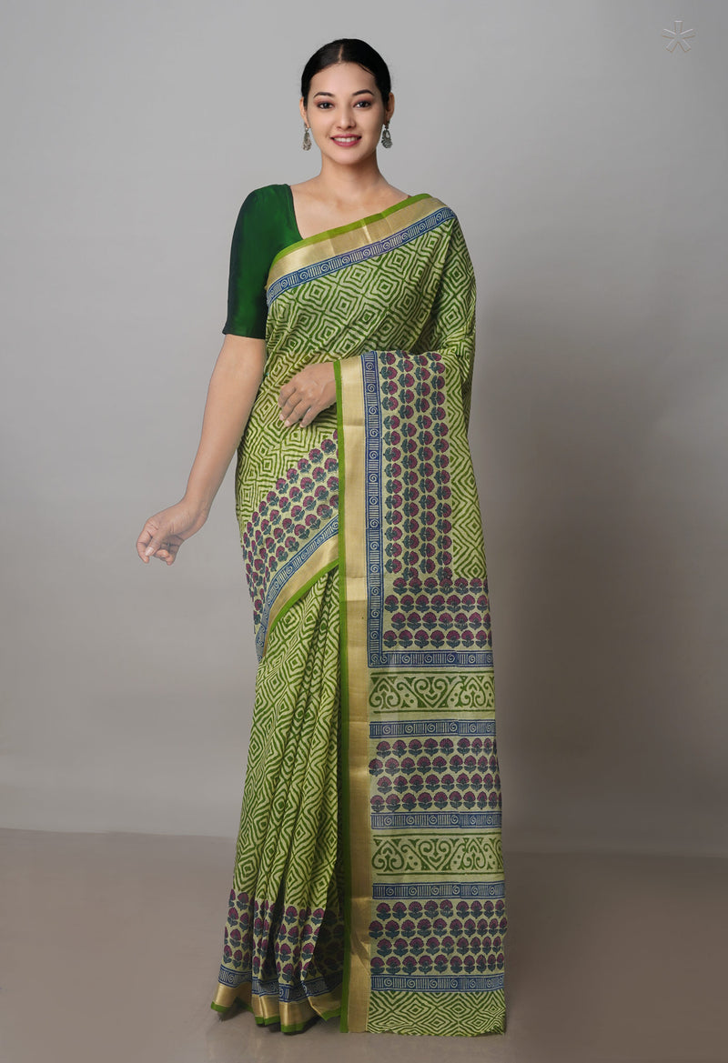 Green Block Printed Chanderi Sico Saree-UNM70687