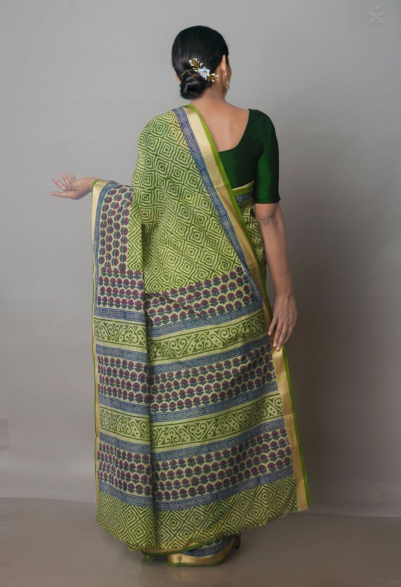 Green Block Printed Chanderi Sico Saree-UNM70687