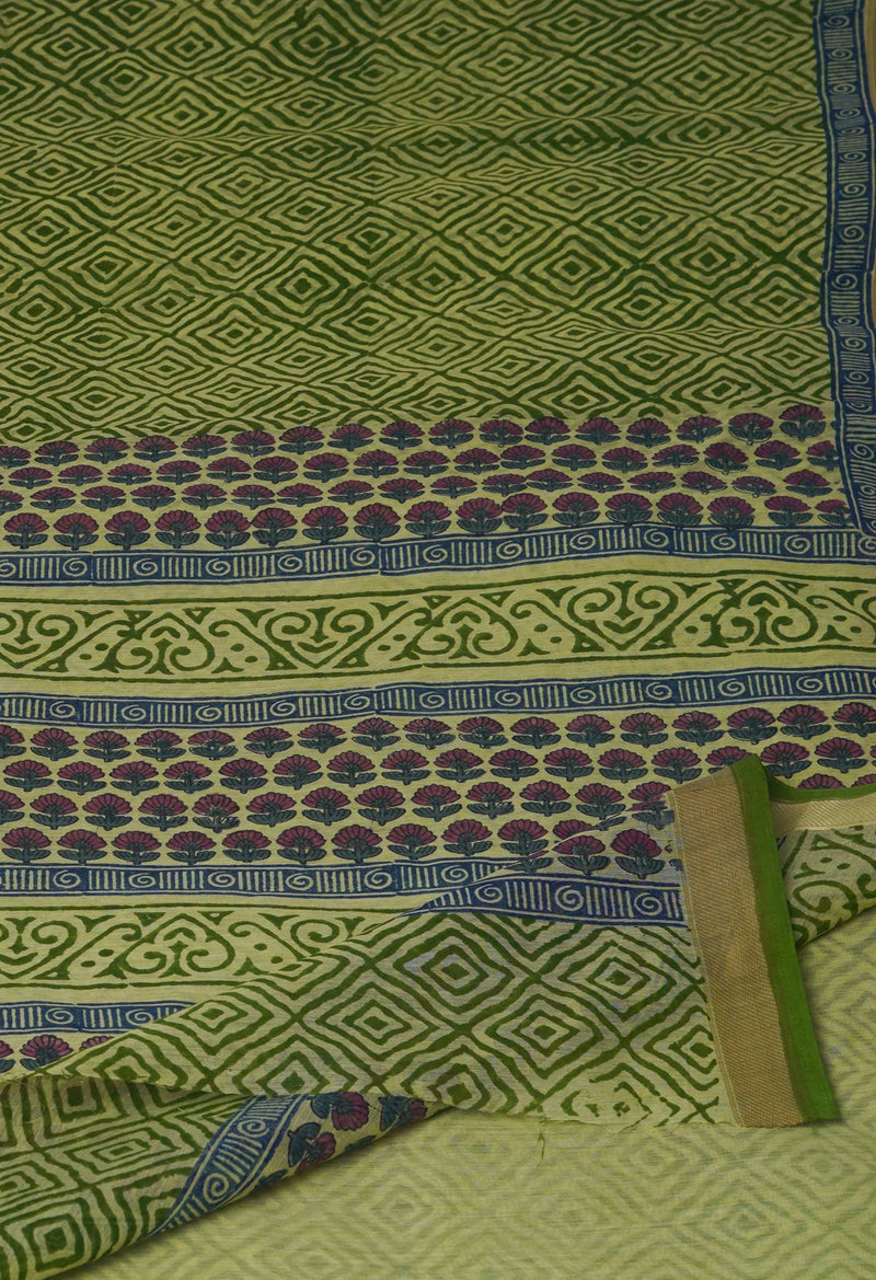 Green Block Printed Chanderi Sico Saree-UNM70687