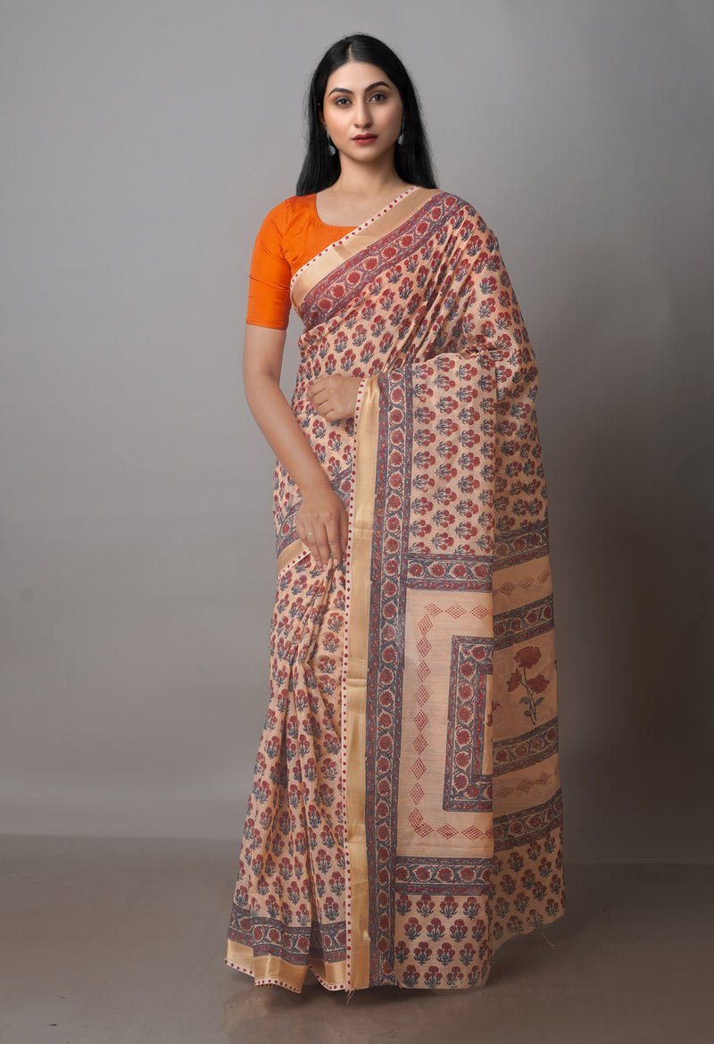 Peach Orange Block Printed Chanderi Sico Saree-UNM70688