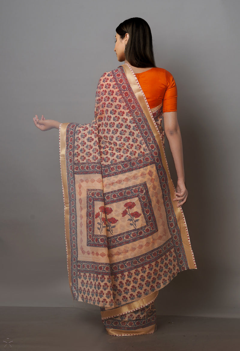Peach Orange Block Printed Chanderi Sico Saree-UNM70688