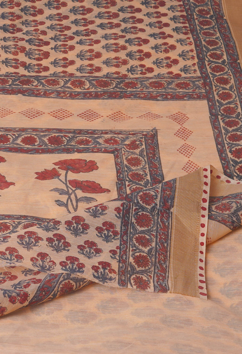 Peach Orange Block Printed Chanderi Sico Saree-UNM70688
