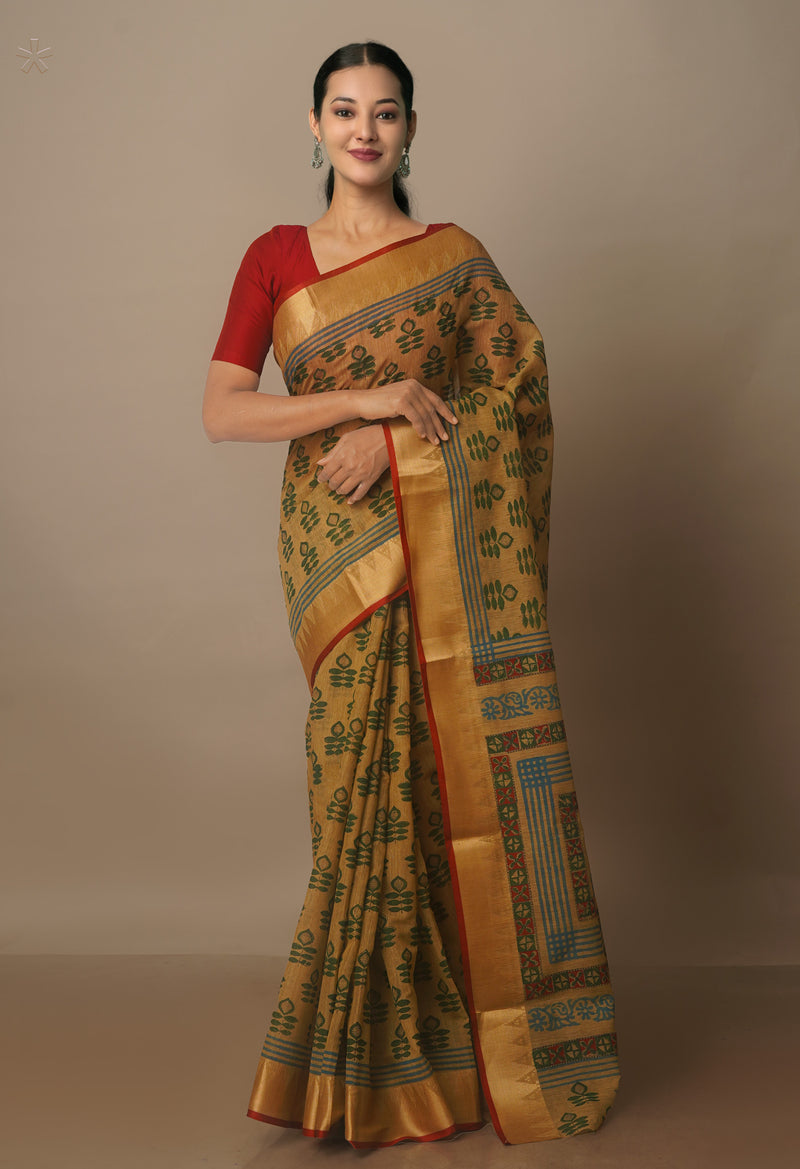 Cream  Chanderi Block Printed Sico Saree-UNM70691