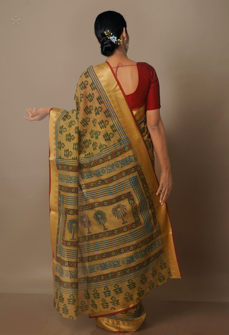 Cream  Chanderi Block Printed Sico Saree-UNM70691