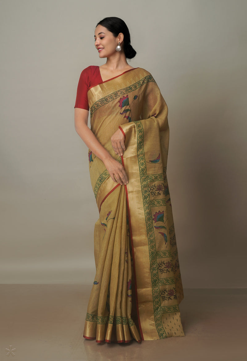 Cream  Chanderi Block Printed Sico Saree-UNM70695