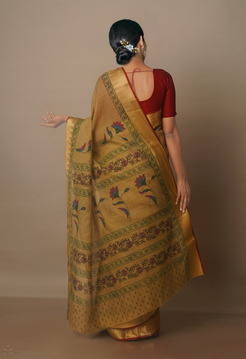 Cream  Chanderi Block Printed Sico Saree-UNM70695