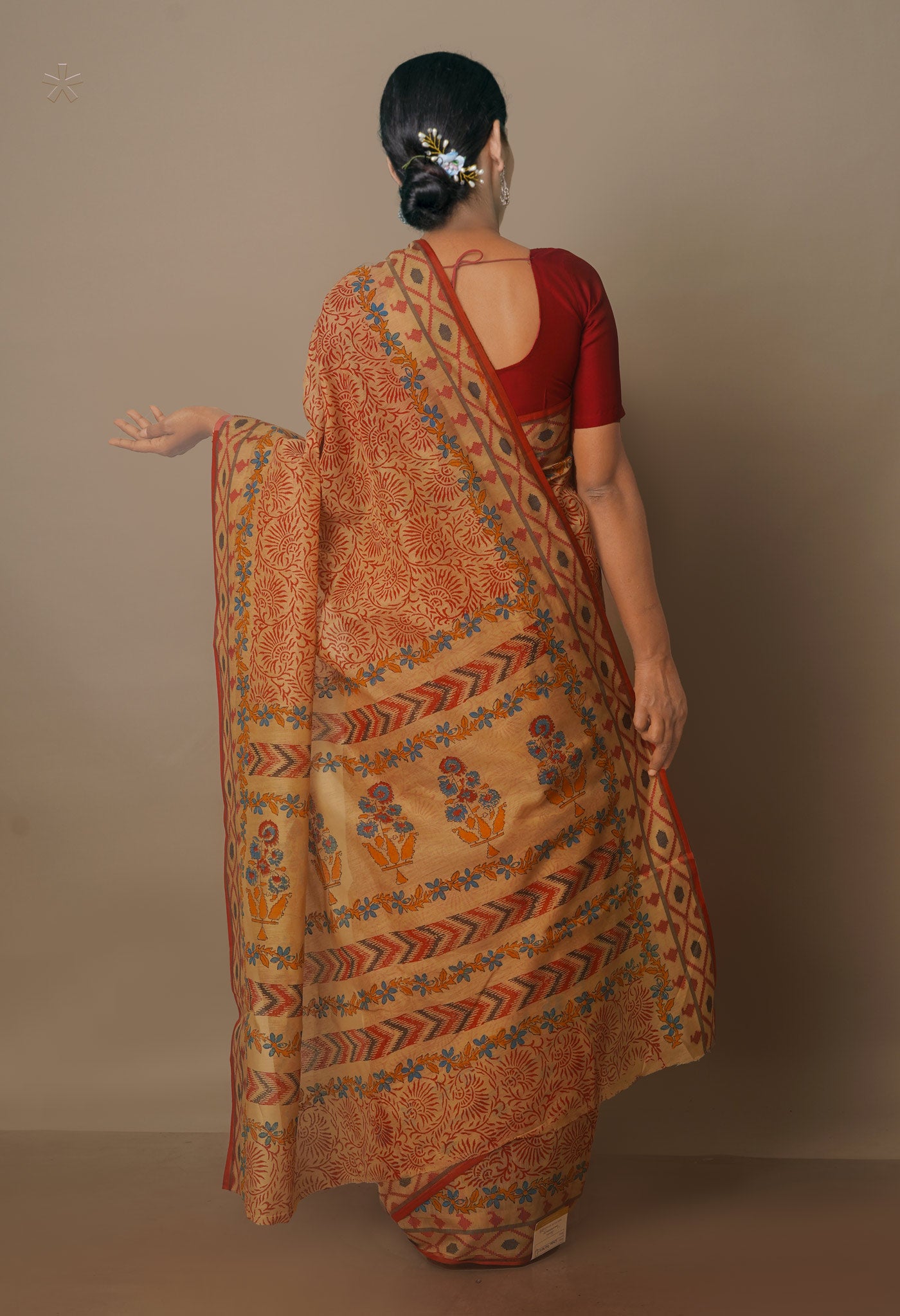 Cream Block Printed Chanderi Sico Saree-UNM70704