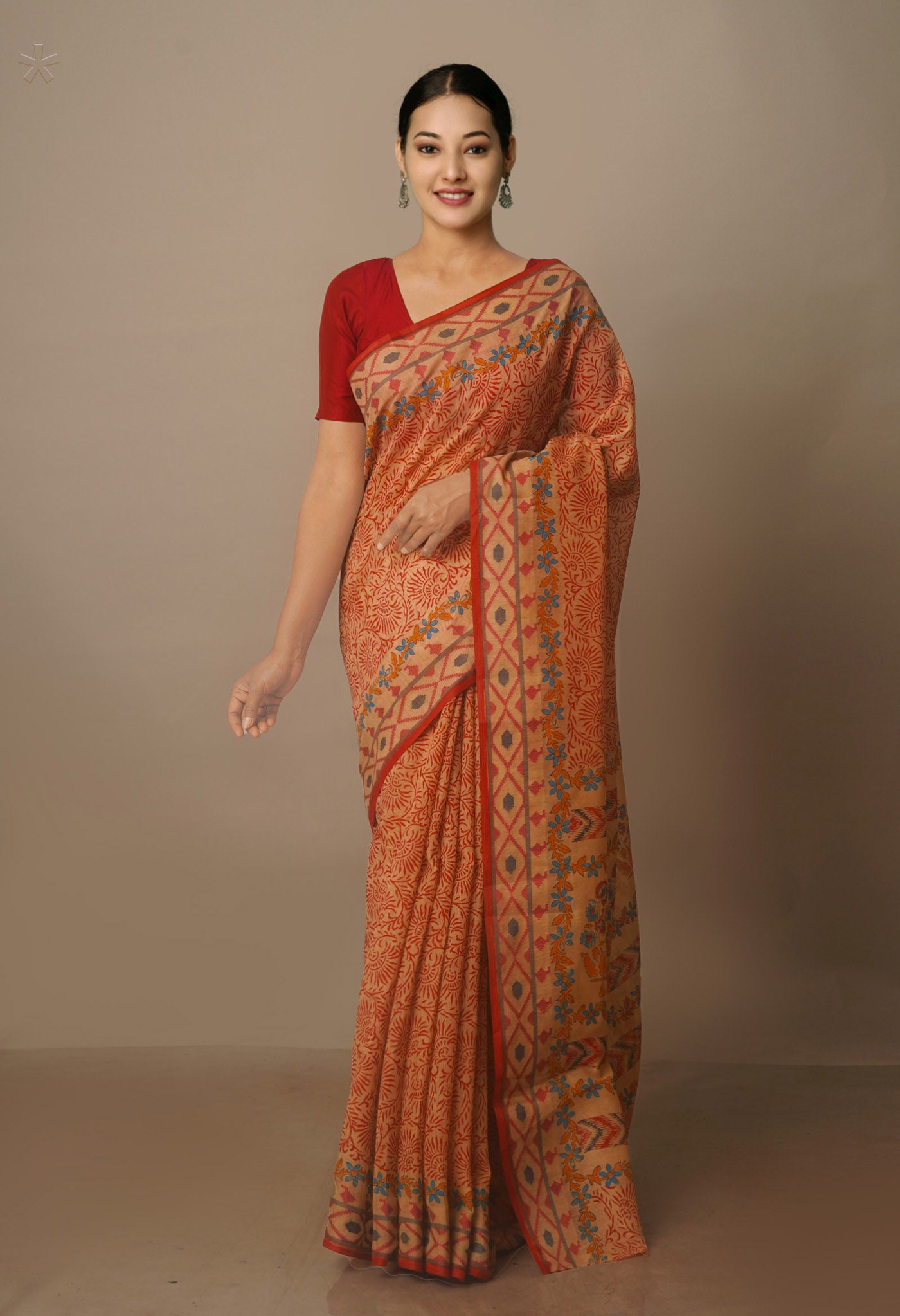 Cream Block Printed Chanderi Sico Saree-UNM70704