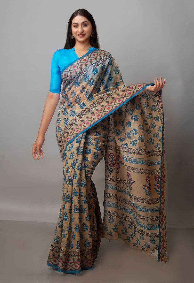 Cream Block Printed Chanderi Sico Saree-UNM70706