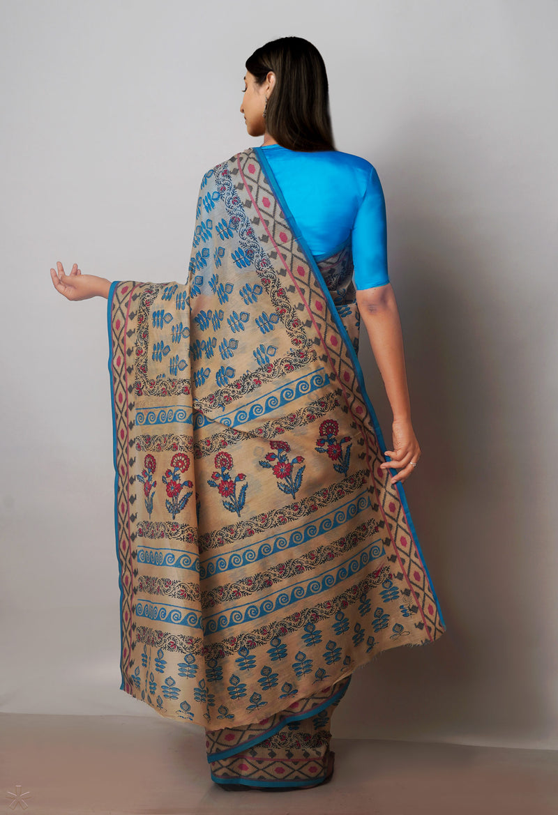Cream Block Printed Chanderi Sico Saree-UNM70706