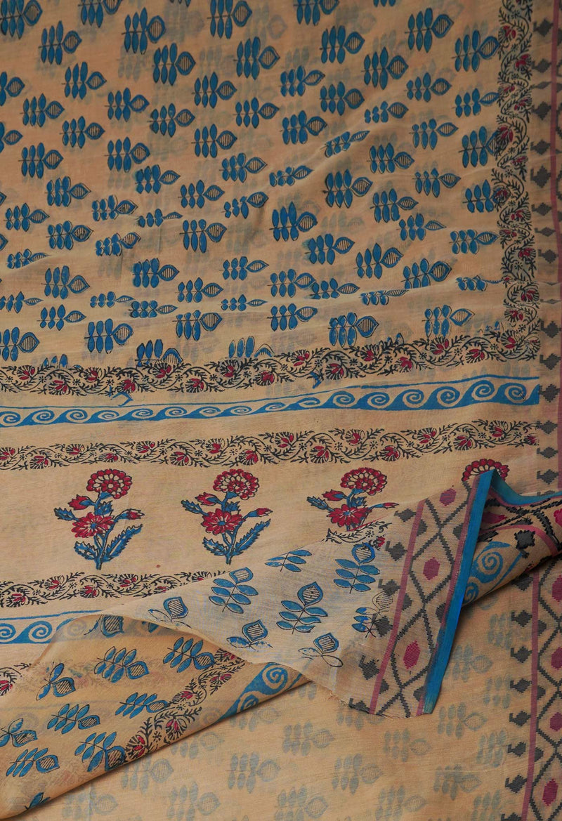 Cream Block Printed Chanderi Sico Saree-UNM70706