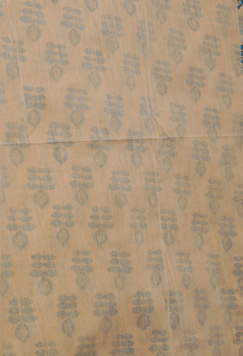 Cream Block Printed Chanderi Sico Saree-UNM70706
