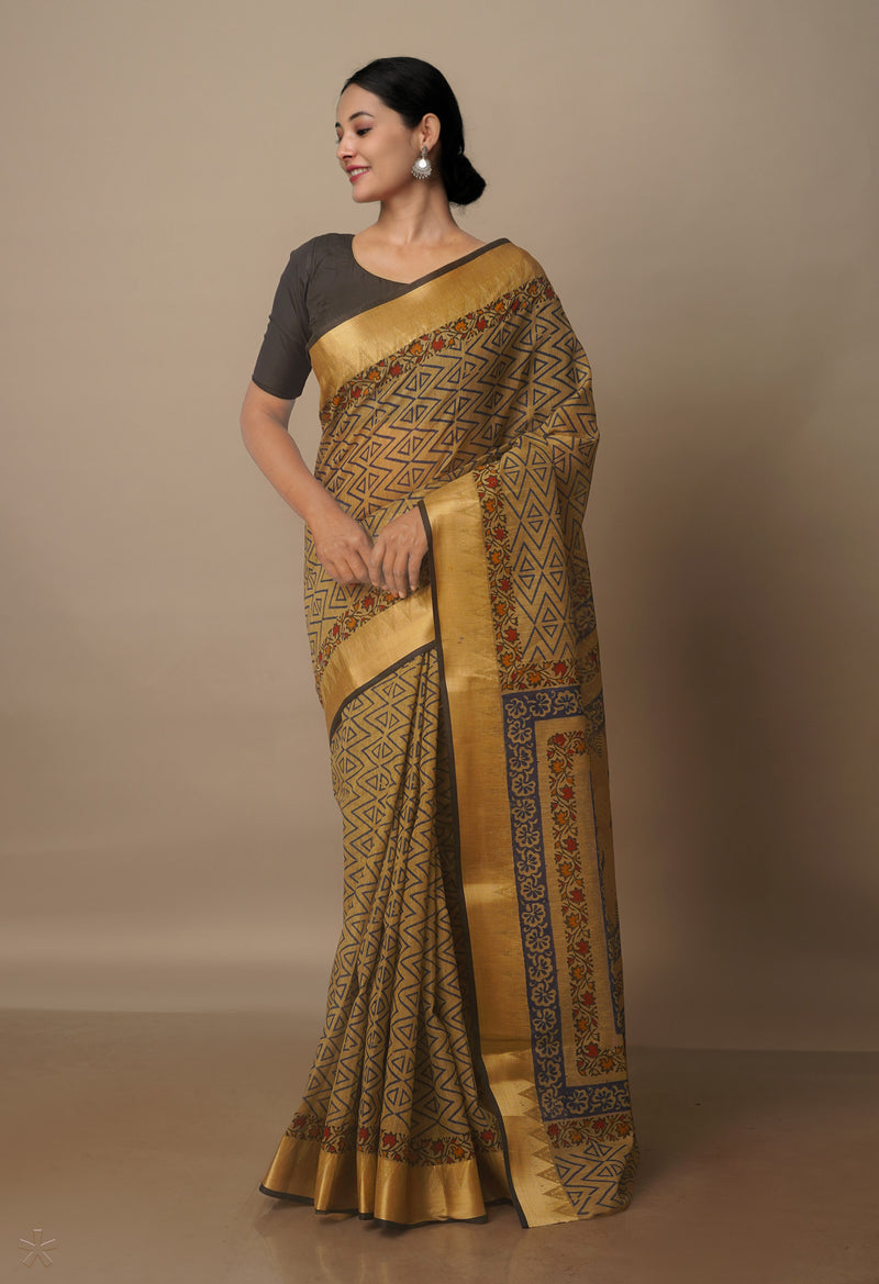 Cream Block Printed Chanderi Sico Saree-UNM70715