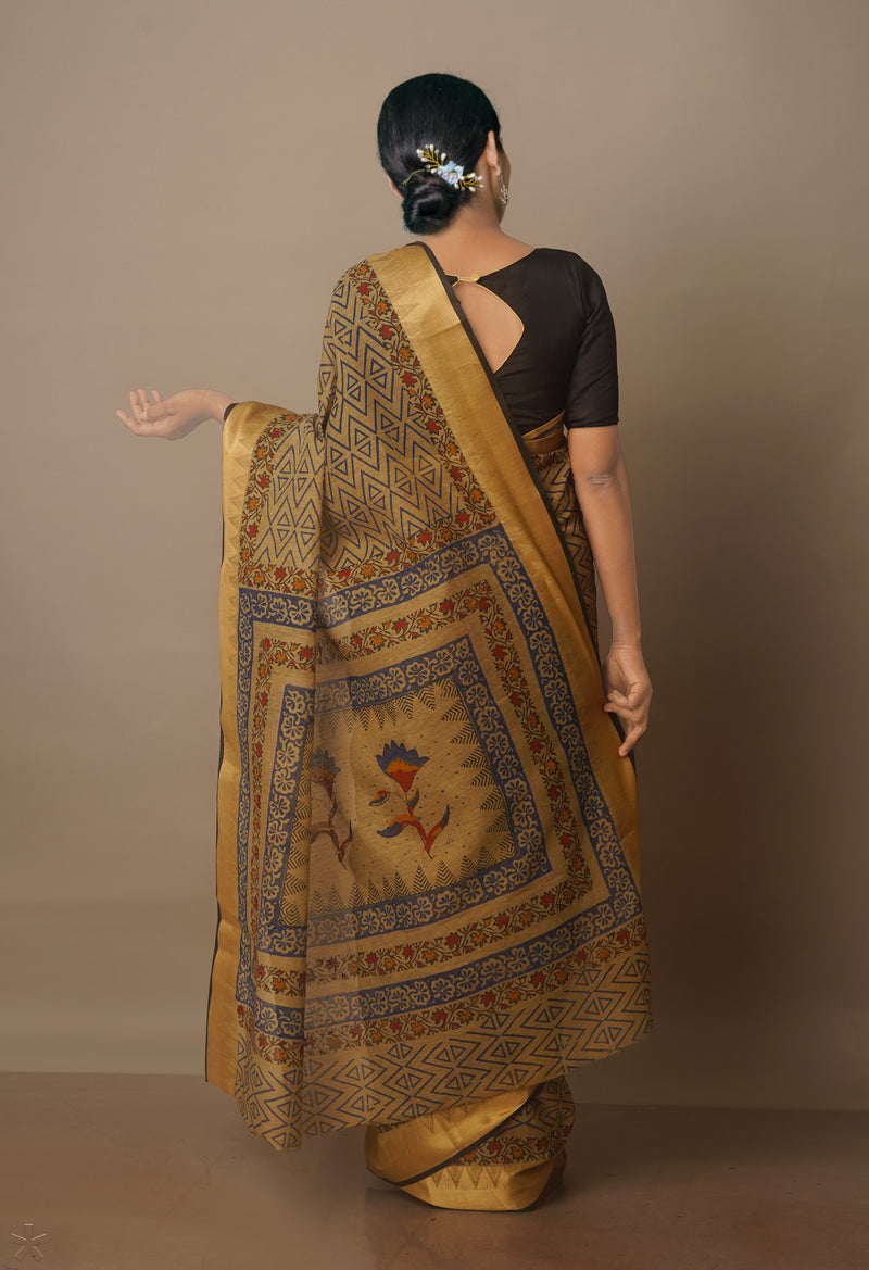 Cream Block Printed Chanderi Sico Saree-UNM70715