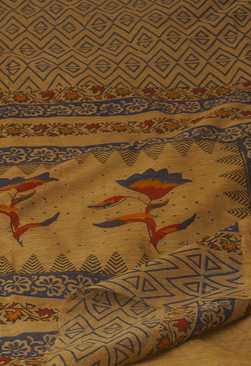 Cream Block Printed Chanderi Sico Saree-UNM70715