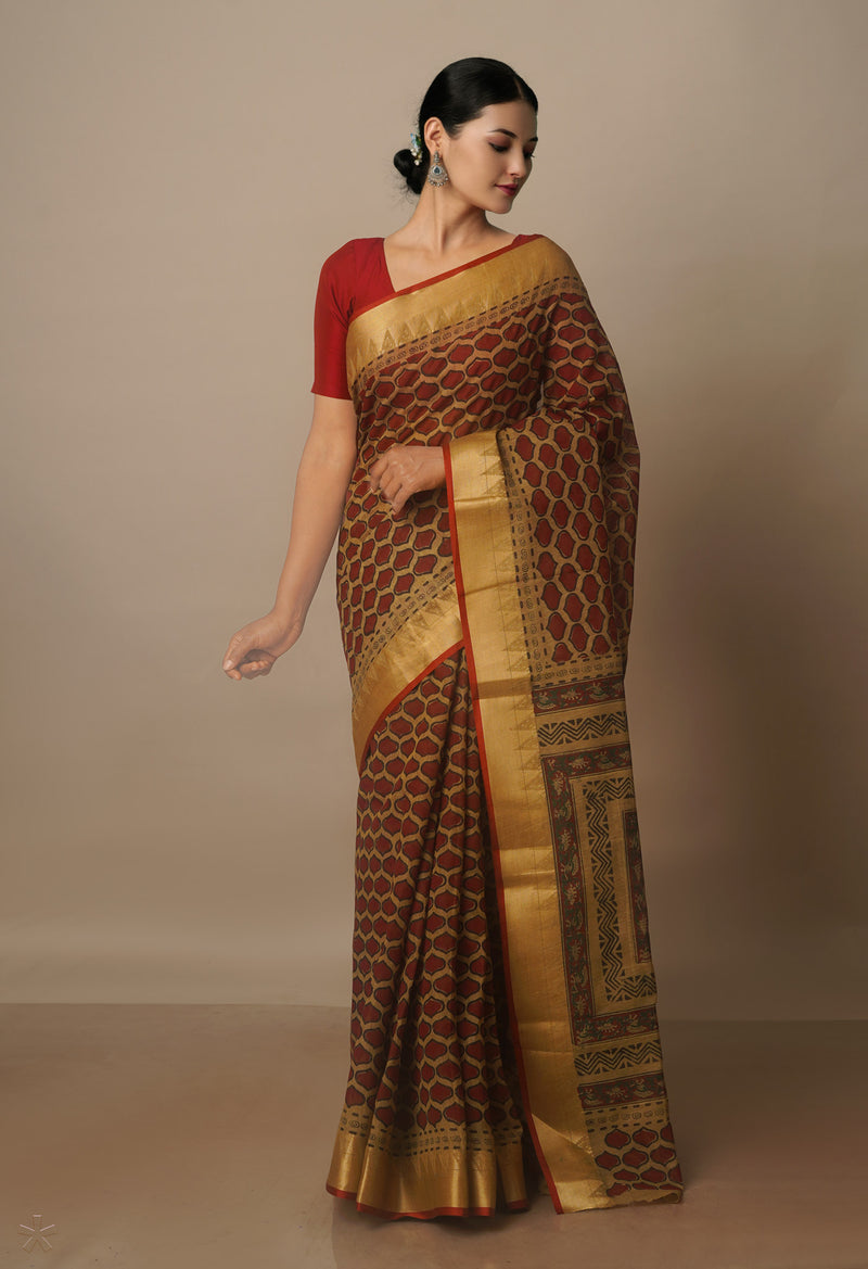 Cream Block Printed Chanderi Sico Saree-UNM70716