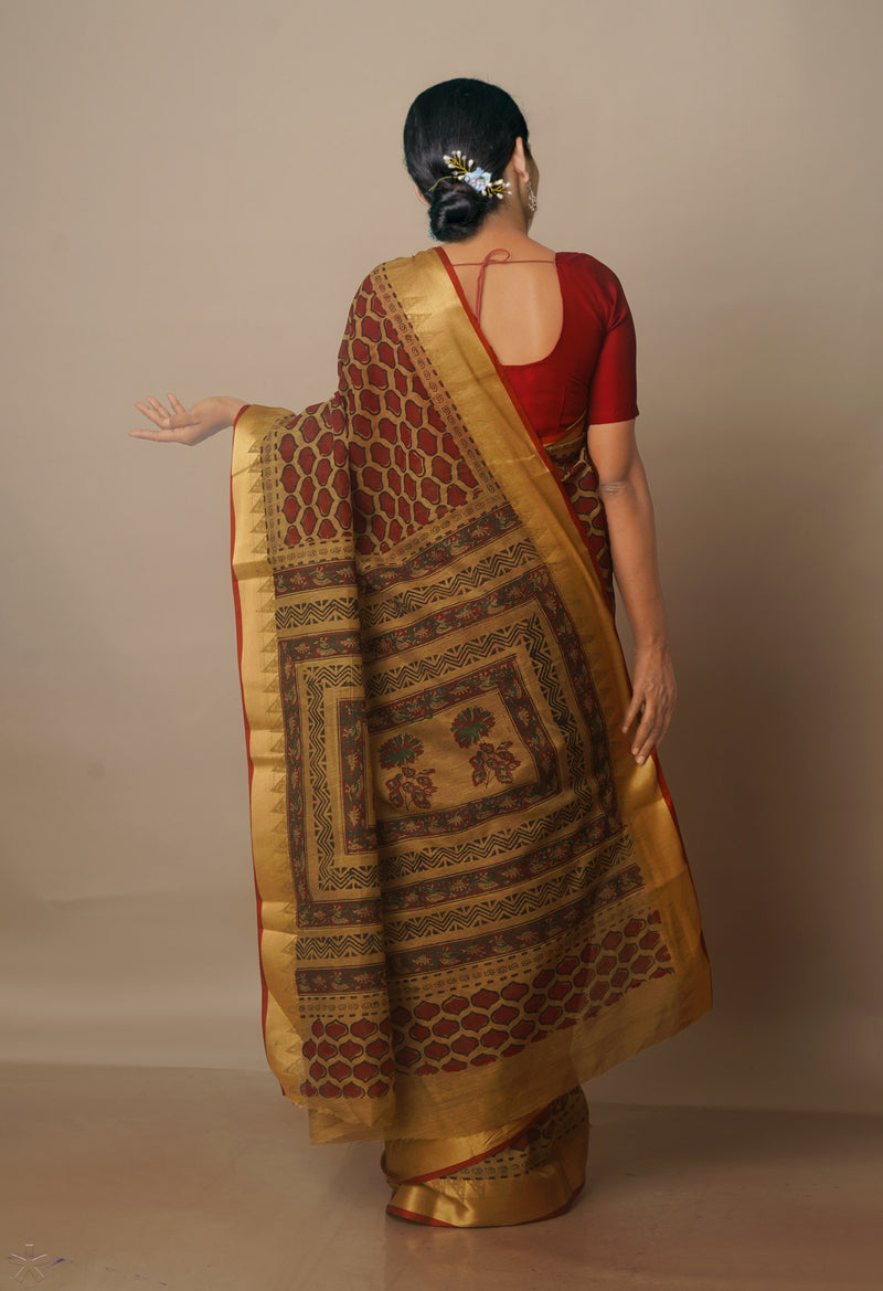 Cream Block Printed Chanderi Sico Saree-UNM70716