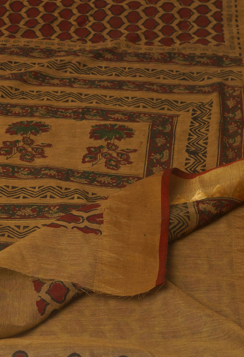 Cream Block Printed Chanderi Sico Saree-UNM70716