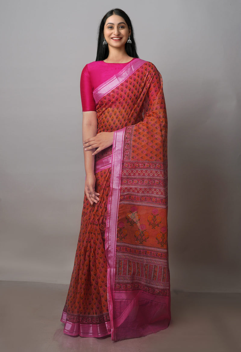 Peach Pure Block Printed Kota Cotton Saree-UNM70730