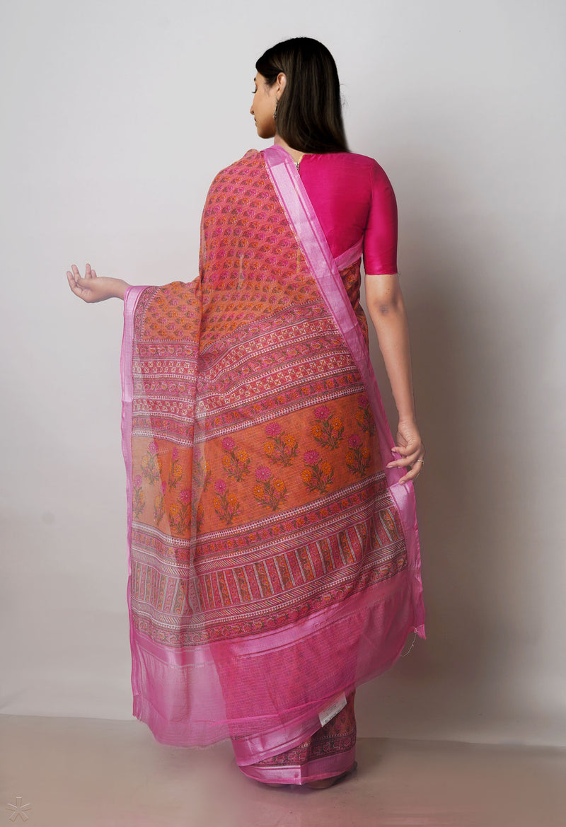 Peach Pure Block Printed Kota Cotton Saree-UNM70730