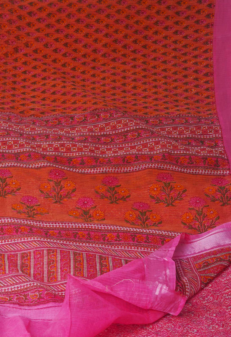 Peach Pure Block Printed Kota Cotton Saree-UNM70730