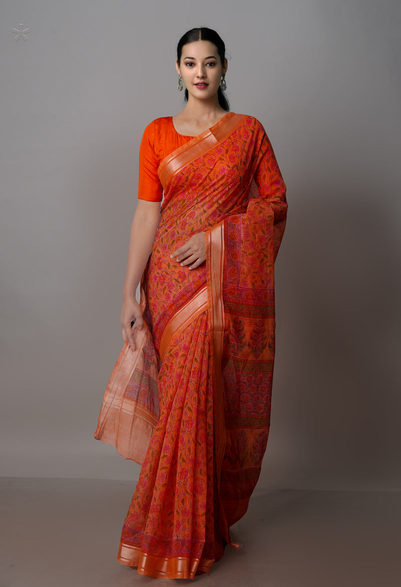 Peach Pure  Block Printed Kota Cotton Saree-UNM70734
