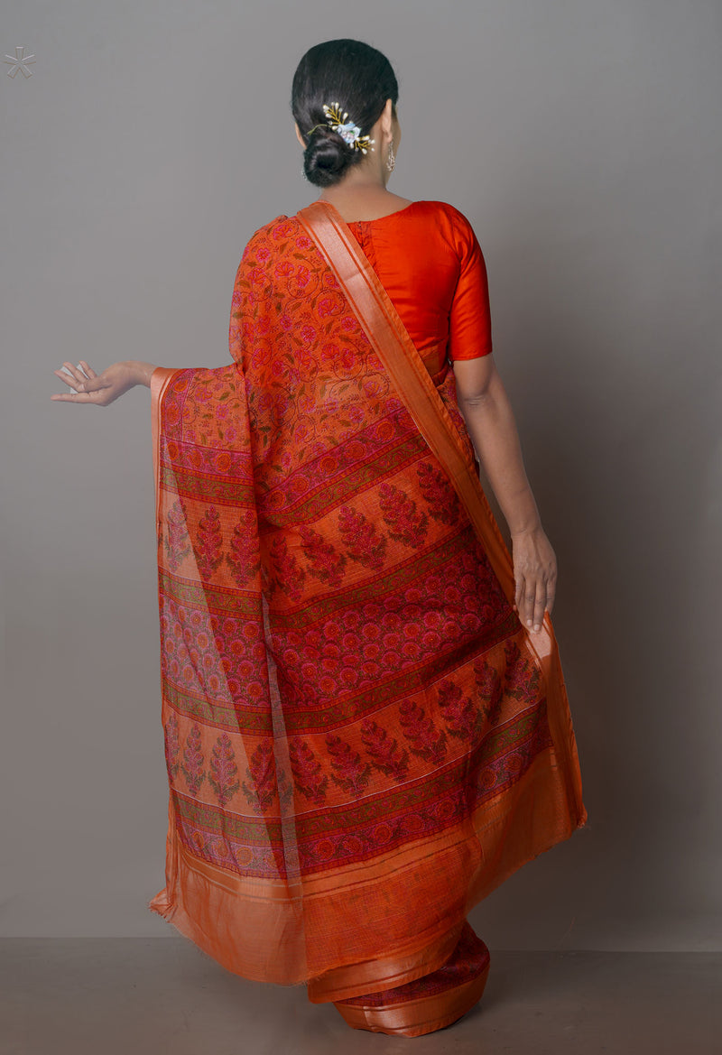 Peach Pure  Block Printed Kota Cotton Saree-UNM70734