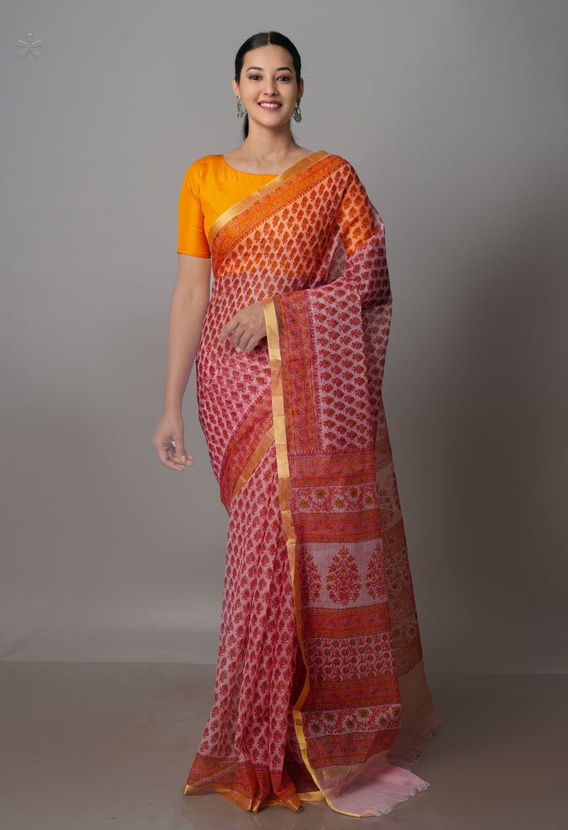 Light Pink Pure Block Printed Kota Cotton Saree-UNM70736