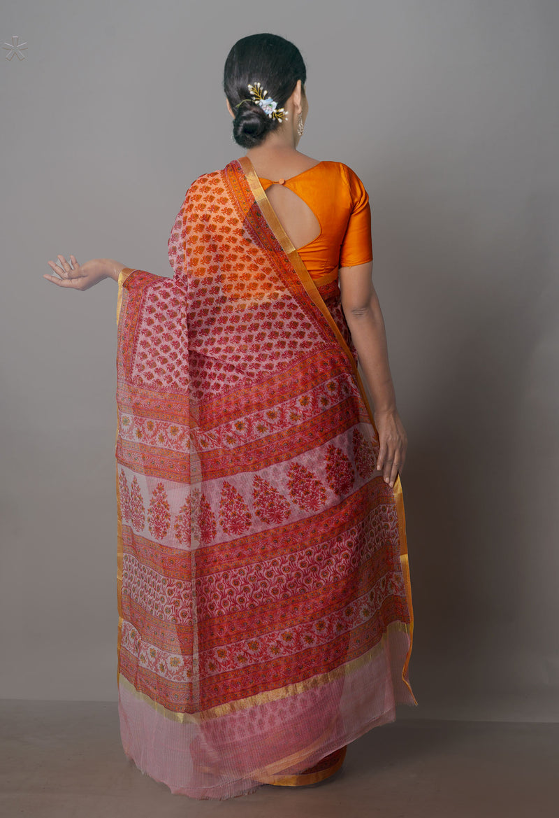 Light Pink Pure Block Printed Kota Cotton Saree-UNM70736