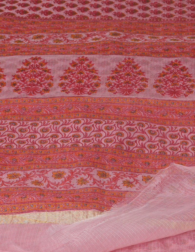 Light Pink Pure Block Printed Kota Cotton Saree-UNM70736