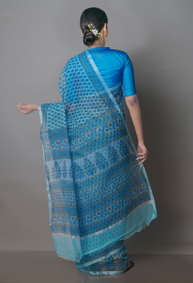 Turquoise Blue Pure Block Printed Kota Cotton Saree-UNM70745