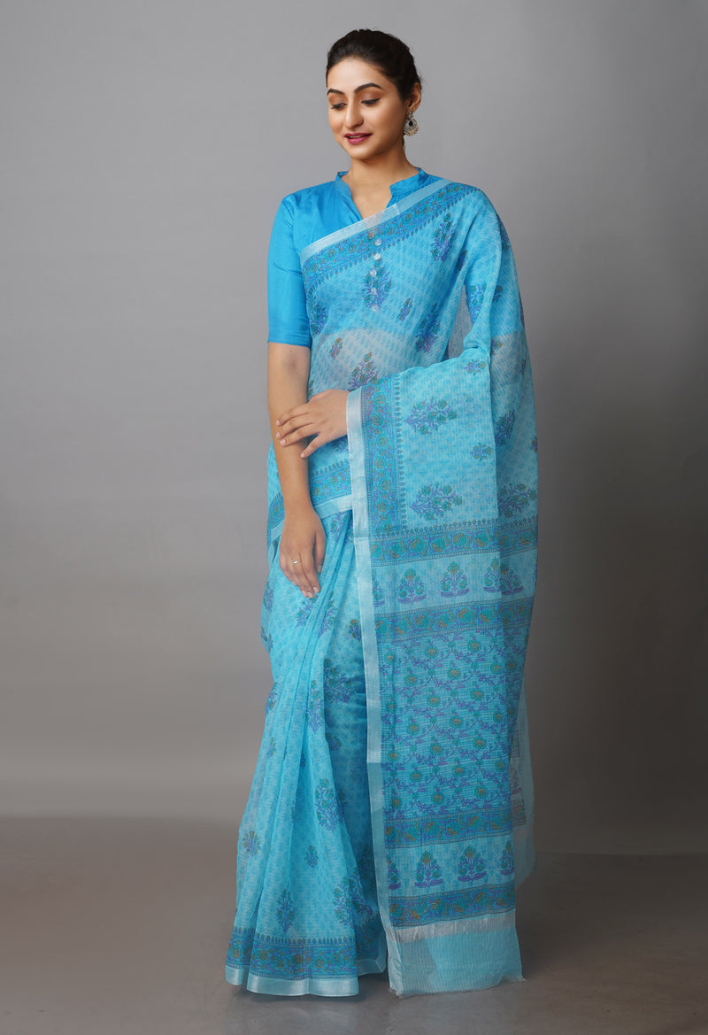 Turquoise Blue Pure Block Printed Kota Cotton Saree-UNM70747