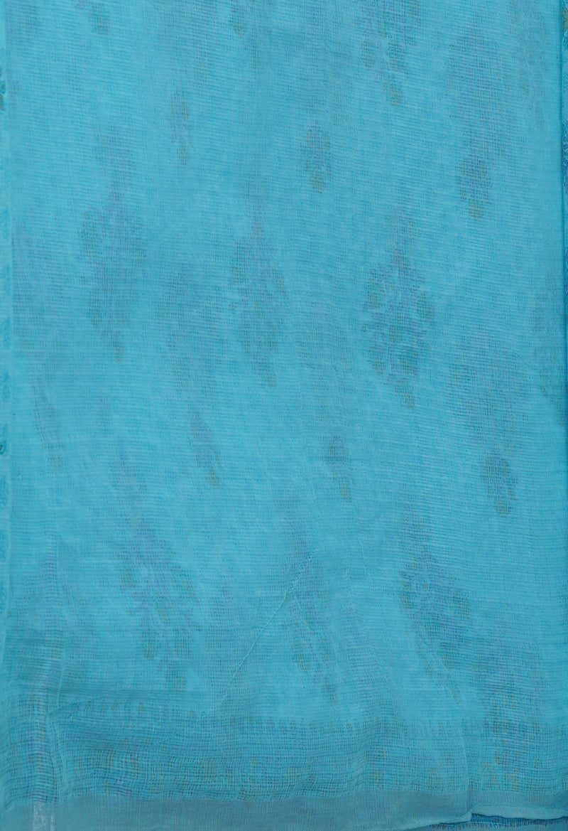 Turquoise Blue Pure Block Printed Kota Cotton Saree-UNM70747