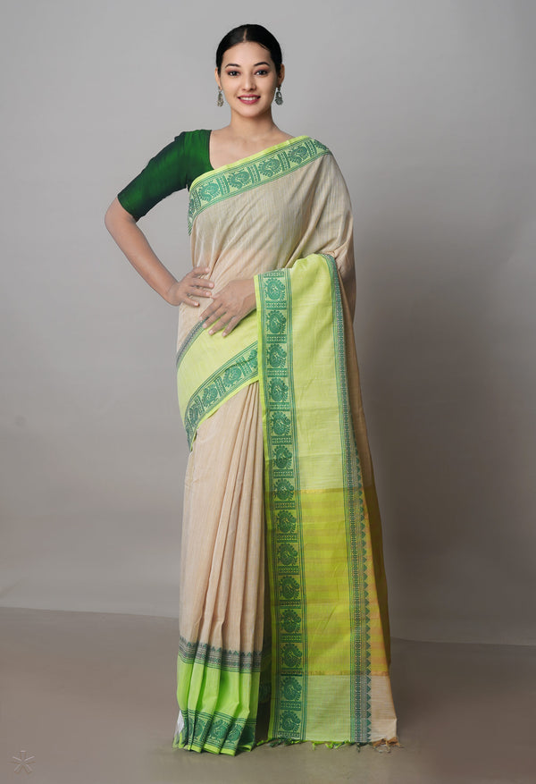 Cream-Parrot Green Pure Superfine Handloom Cotton Saree-UNM70748