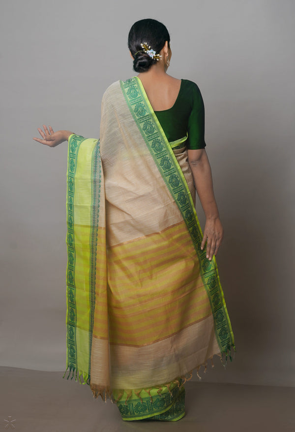 Cream-Parrot Green Pure Superfine Handloom Cotton Saree-UNM70748