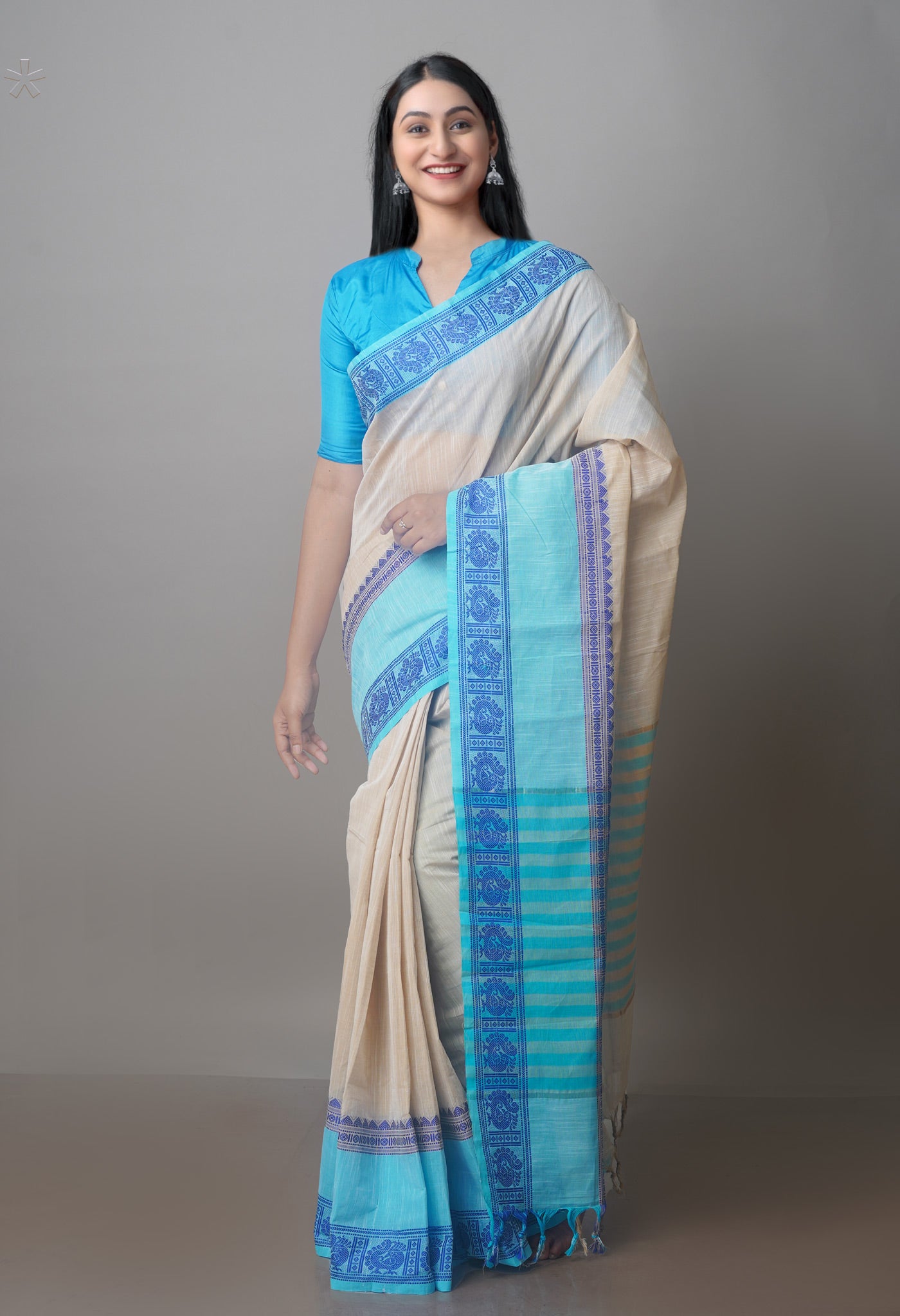 Cream-Sky Blue Pure Superfine Handloom Cotton Saree-UNM70749